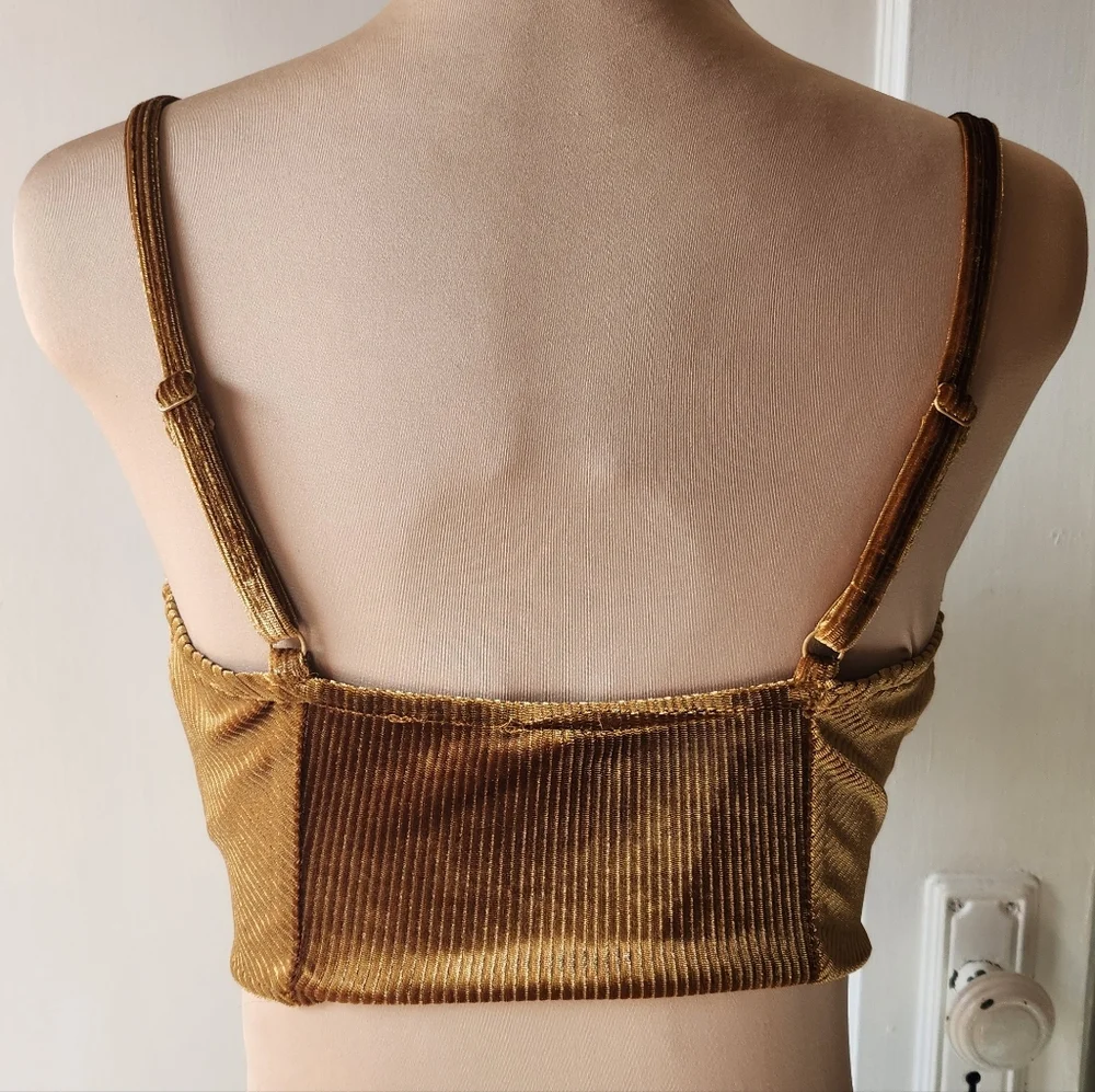Free People Golden Brown Velvet Tie Front Crop Top - Picture 3 of 7